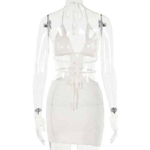 Load image into Gallery viewer, Hollow Out Halter Sexy Mini Dress Women Summer New Sleeveless Backless Skinny Club Party Knit Tank Dress Vestido
