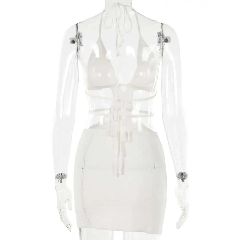 Hollow Out Halter Sexy Mini Dress Women Summer New Sleeveless Backless Skinny Club Party Knit Tank Dress Vestido