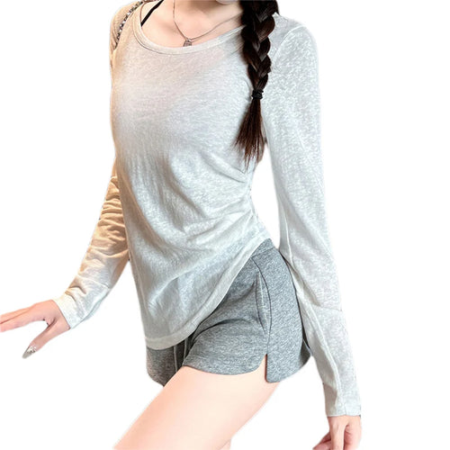 Load image into Gallery viewer, Women y2k Tops 2000s Aesthetic Clothes Solid Color Round Neck Long Sleeve Asymmetrical Hem Tee Shirts Casual Streetwear
