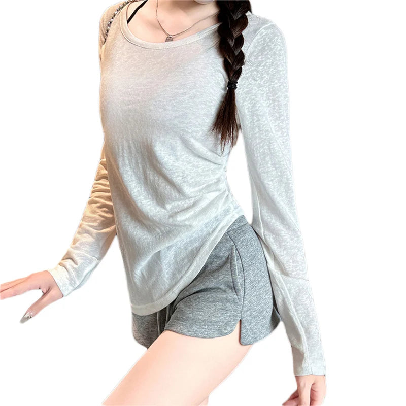 Women y2k Tops 2000s Aesthetic Clothes Solid Color Round Neck Long Sleeve Asymmetrical Hem Tee Shirts Casual Streetwear