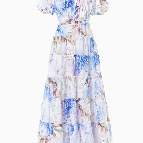 Load image into Gallery viewer, Elegant Floral Printing Dresses For Women Slash Neck Off Shoulder Puff Sleeve High Waist Spliced Ruffles Casual Dress Female
