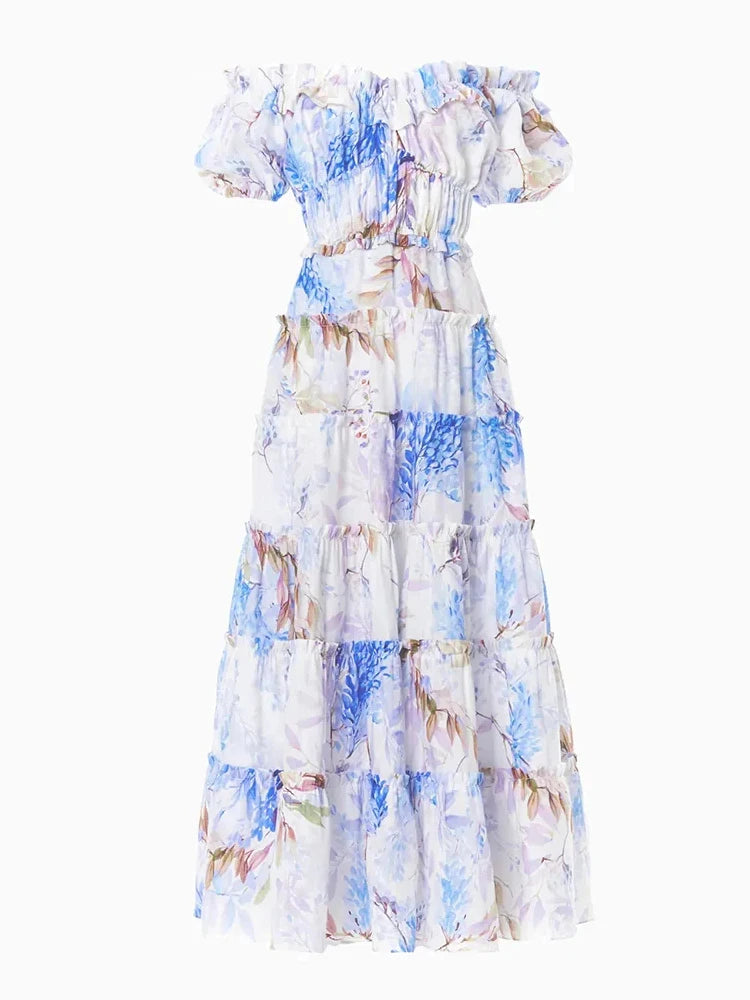 Elegant Floral Printing Dresses For Women Slash Neck Off Shoulder Puff Sleeve High Waist Spliced Ruffles Casual Dress Female