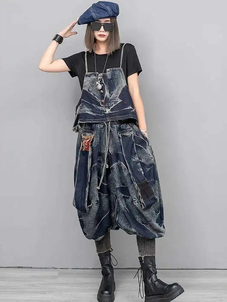 High Waist Blue Black Denim Color-block Casual Cross Jeans New Women Trousers Fashion Tide Spring Autumn 2025 1DH9616