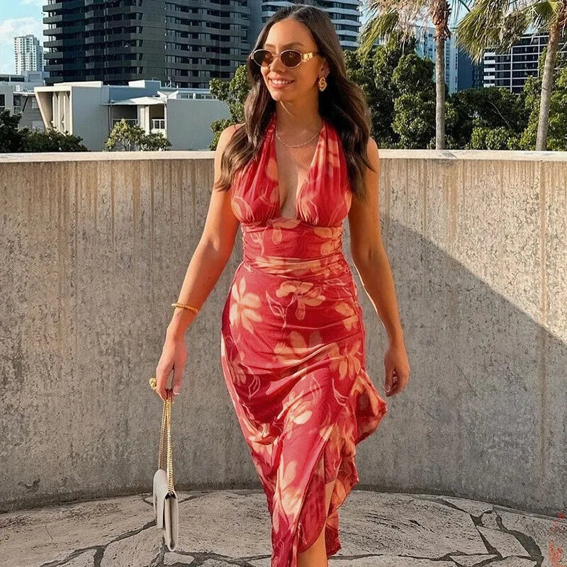 Halter Deep V Neck Ruffled Sexy Maxi Dress For Women Fashion Sleeveless Backless High Waist Bodycon Club Printed Dress