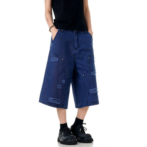 Load image into Gallery viewer, Men's Jeans New American Washed Distressed Denim Shorts High Street Loose Wide Leg Cropped Pants Solid Color Bottoms 9W1715
