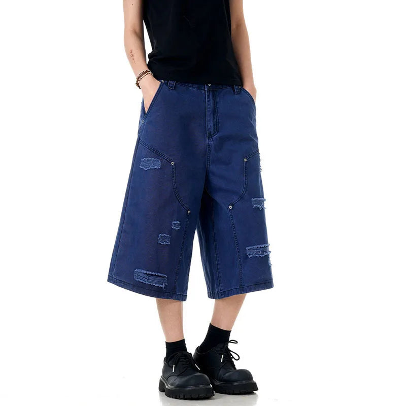 Men's Jeans New American Washed Distressed Denim Shorts High Street Loose Wide Leg Cropped Pants Solid Color Bottoms 9W1715