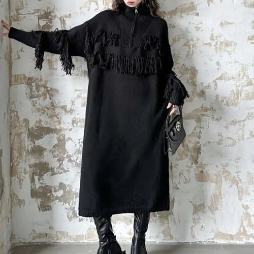 Load image into Gallery viewer, Women Black Tassels Knitting Big Size Midi Dress New Turtleneck Long Sleeve Loose Fit Fashion Spring Autumn 2025 1DH1601
