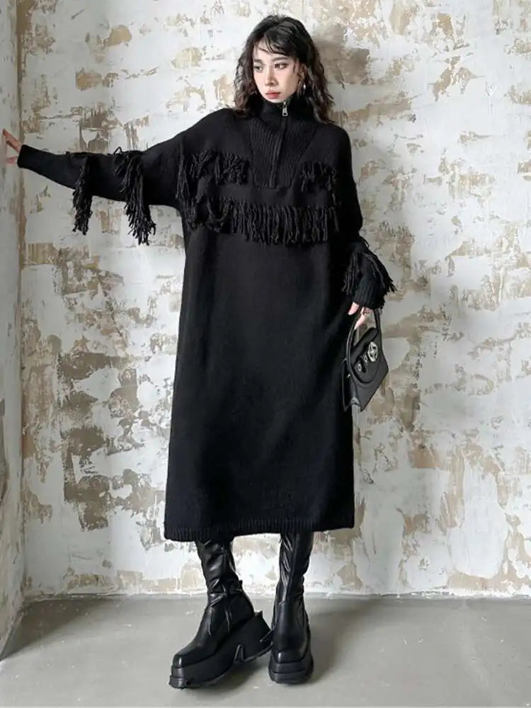 Women Black Tassels Knitting Big Size Midi Dress New Turtleneck Long Sleeve Loose Fit Fashion Spring Autumn 2025 1DH1601