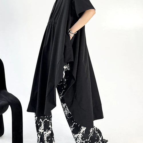 Load image into Gallery viewer, Women Black Side Slit Irregular Big Size Midi Shirt Dress New Lapel Short Sleeve Fashion Tide Spring Summer 2025 1DJ1121
