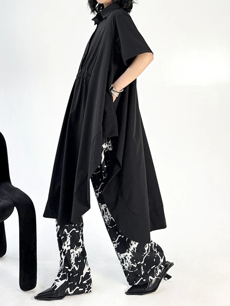 Women Black Side Slit Irregular Big Size Midi Shirt Dress New Lapel Short Sleeve Fashion Tide Spring Summer 2025 1DJ1121