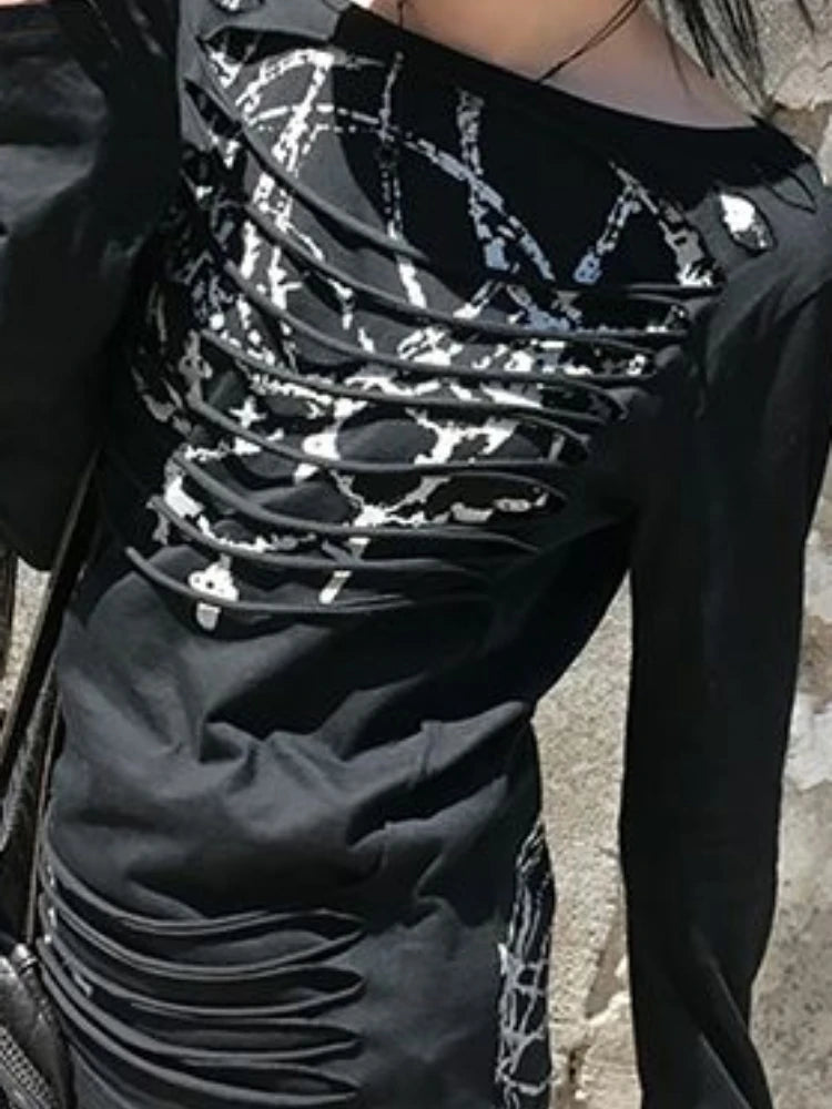 Y2k Aesthetic Vintage Slim Fit T-Shirt Women Streetwear Printing Hip Hop Goth Tops Harajuku Vintage Hollow Out Grunge Tees 2025