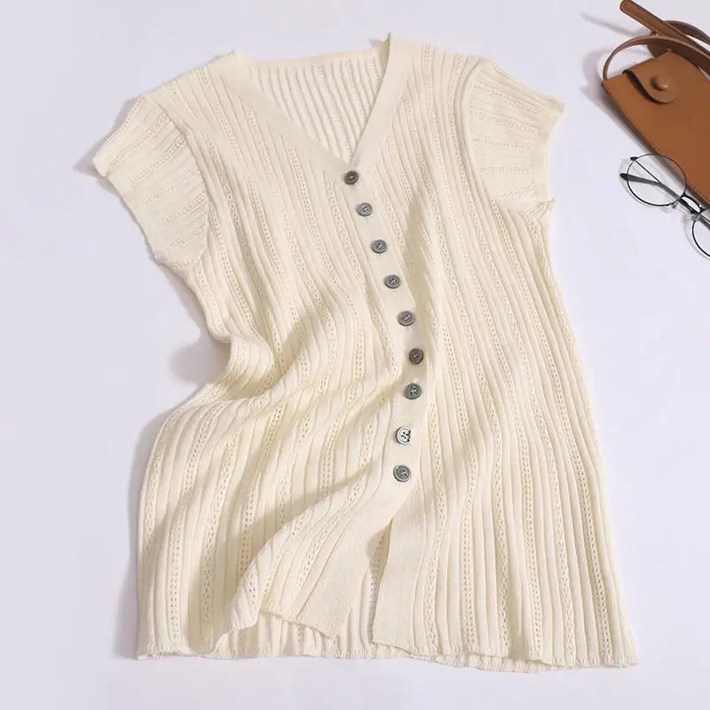 Women Solid Single Breasted Slim Hollow Out Knitted T-shirt Summer Short Sleeve V-neck Cardigan Tops 2024 Versatile Fashion New