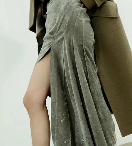 High Waist Gray Green Rhinestones Irregular Elegant Half-body Skirt Women Fashion Tide New Spring Autumn 2025 1DH8207