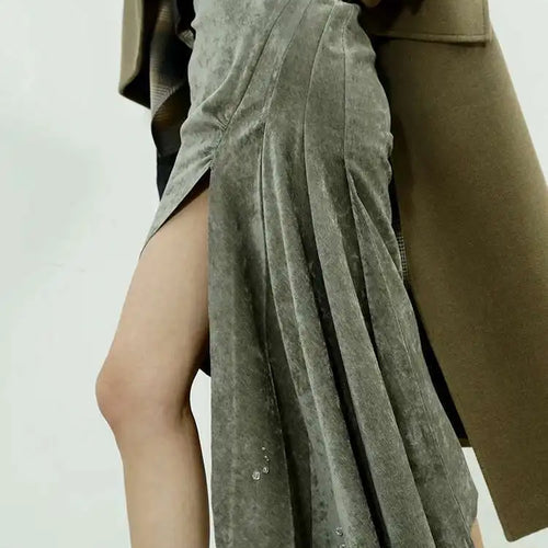 Load image into Gallery viewer, High Waist Gray Green Rhinestones Irregular Elegant Half-body Skirt Women Fashion Tide New Spring Autumn 2025 1DH8207
