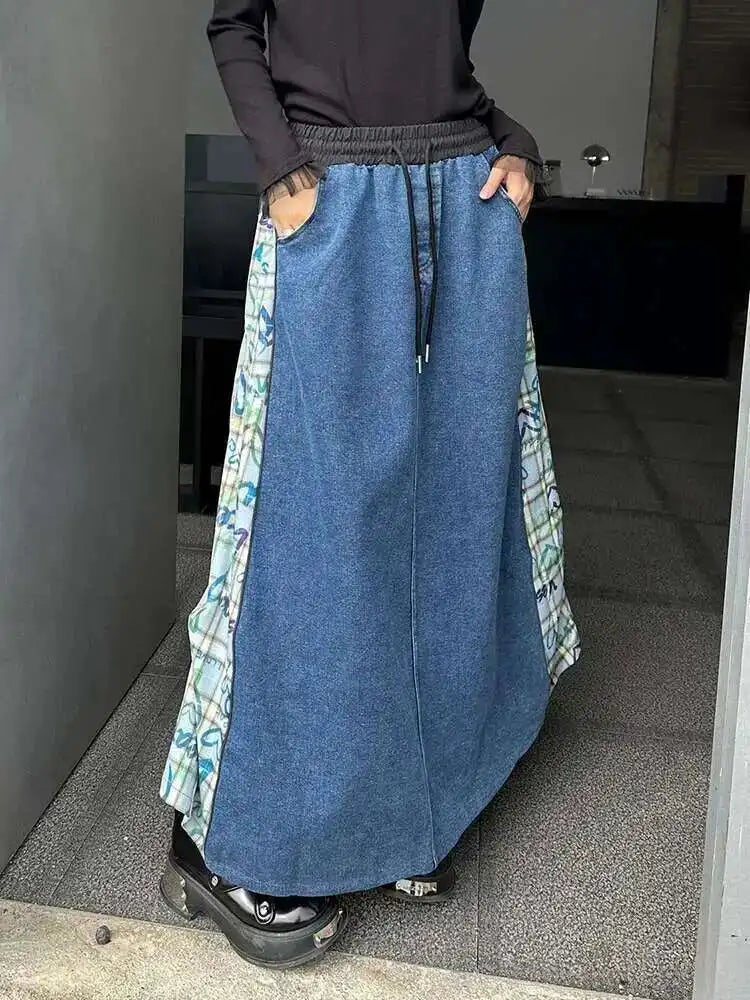 High Elastic Waist Green Pattern Printed Denim A-line Half-body Skirt Women Fashion Tide New Spring Autumn 2025 1DH8732