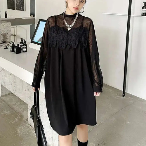 Load image into Gallery viewer, Women Black Mesh Lace Big Size Elegant Knee-Length Dress New Turtleneck Long Sleeve Fashion Spring Autumn 2025 1DH8734
