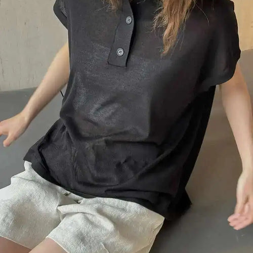 Load image into Gallery viewer, Women Apricot Thin Knitting Perspective Big Size T-shirt New Lapel Short Sleeve Fashion Tide Spring Summer 2025 1DH6129
