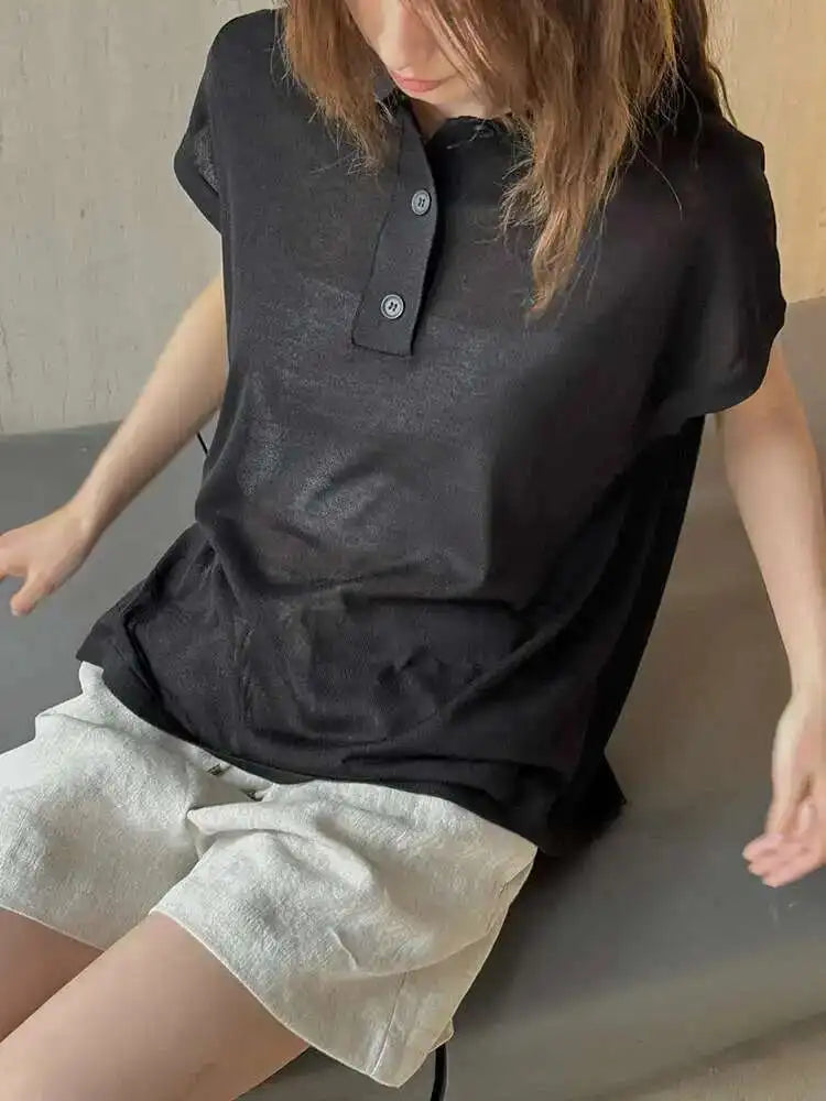 Women Apricot Thin Knitting Perspective Big Size T-shirt New Lapel Short Sleeve Fashion Tide Spring Summer 2025 1DH6129