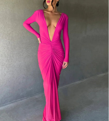 Sexy V-neck Slim Fit Pleated  Long Sleeve Women Dress Front &Back Elegant Female Long Dress Street Party Club Vesidos