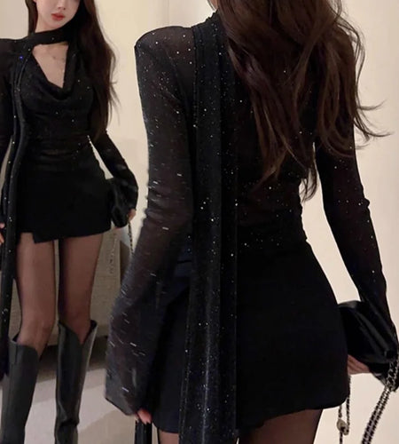 y2k Mesh Shirt Women Party Glitter See Through Cowl Neck Long Sleeve Tops 2000s Aesthetic Clothing Club Streetwear