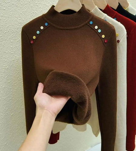 Autumn Winter Women Solid Colorful Button Velvet Sweater Korean Fashion Warm Knitwear Long Sleeve Festival Pullovers Tops Thick