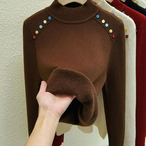 Load image into Gallery viewer, Autumn Winter Women Solid Colorful Button Velvet Sweater Korean Fashion Warm Knitwear Long Sleeve Festival Pullovers Tops Thick
