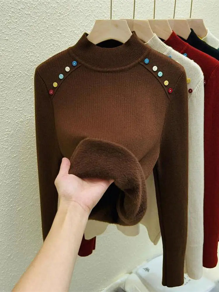 Autumn Winter Women Solid Colorful Button Velvet Sweater Korean Fashion Warm Knitwear Long Sleeve Festival Pullovers Tops Thick