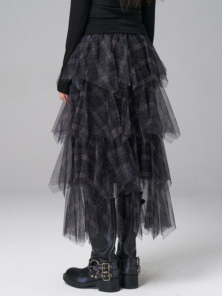 High Elastic Waist Black Plaid Irregular Layers Mesh Cake Half-body Skirt Women Fashion New Spring Autumn 2025 1DJ0382