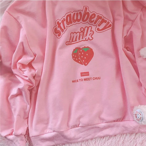 Load image into Gallery viewer, 3XL Harajuku Kawaii Strawberry Pink Sweatshirts Fleece Sweatshirt Women Kpop Chic Cute Girls Top Y2k  Clothes
