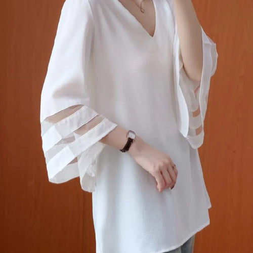 Load image into Gallery viewer, Women Black Mesh Spliced Big Size Elegant T-shirt New V-Neck Three-quarter Sleeve Fashion Tide Spring Autumn 2025 1DJ0335
