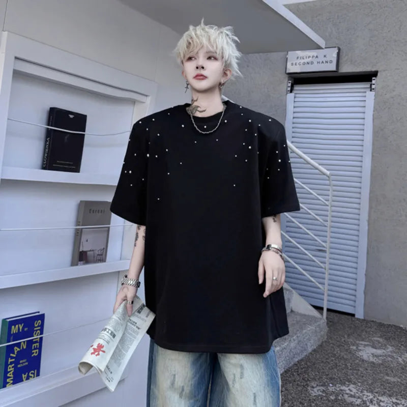 Men's Short Sleeve T-shirts Summer Solid Color Round Neck Handmade Nail Bead Design Pullover Loose Menwear 9W1506