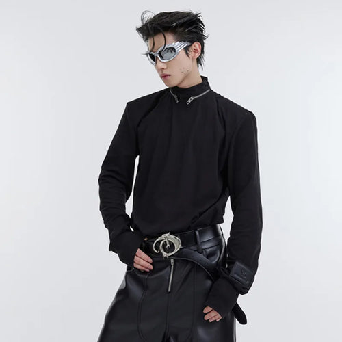 Load image into Gallery viewer, Fashion Men&#39;s T-shirts Long Sleeve Niche Metal Zip Stand Collar Shoulder Pad Top Solid Color Slim Male Tops 9C3060
