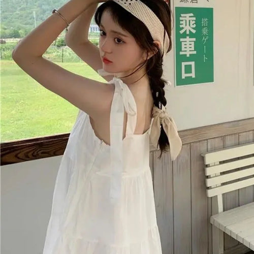 Load image into Gallery viewer, Beach White Bandage Midi Dress Summer Sundress Sweet Casual Girls Loose Dresses
