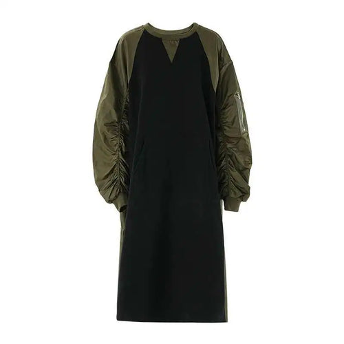 Load image into Gallery viewer, Women Army Green Color-block Big Size Midi Dress New Round Neck Long Sleeve Fashion Tide Spring Autumn 2025 CPG2092
