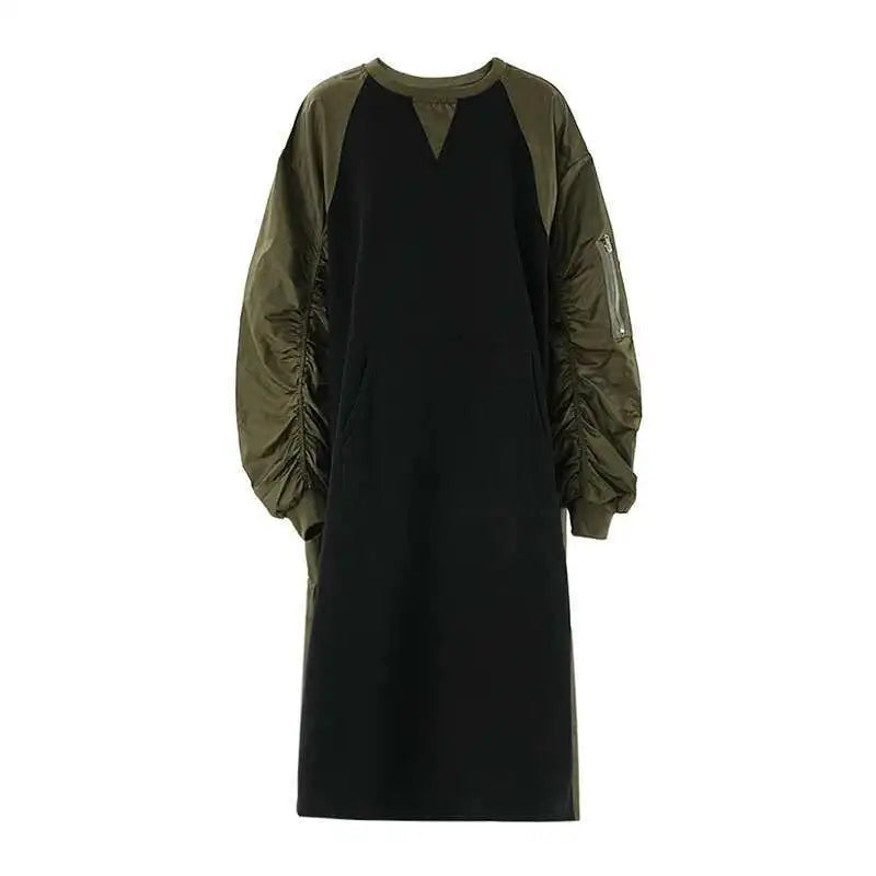 Women Army Green Color-block Big Size Midi Dress New Round Neck Long Sleeve Fashion Tide Spring Autumn 2025 CPG2092