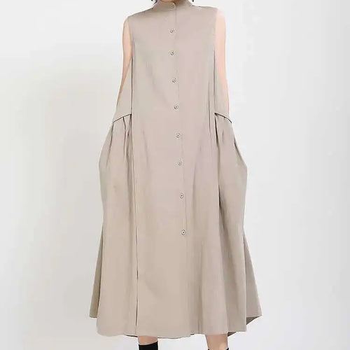 Load image into Gallery viewer, Women Khaki Split Pleated Long  Dress New Stand Collar Sleeveless Loose Fit Fashion Tide Spring Summer 2025 1Y353
