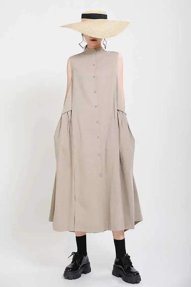 Women Khaki Split Pleated Long  Dress New Stand Collar Sleeveless Loose Fit Fashion Tide Spring Summer 2025 1Y353