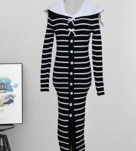 Autumn Winter Vintage Black White Striped Elegant Long Sleeve Dress Women French Single Breasted Office Bow Split Knitted Dress