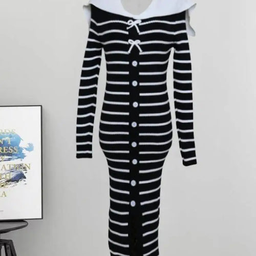 Load image into Gallery viewer, Autumn Winter Vintage Black White Striped Elegant Long Sleeve Dress Women French Single Breasted Office Bow Split Knitted Dress
