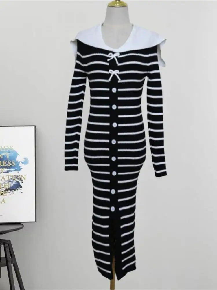 Autumn Winter Vintage Black White Striped Elegant Long Sleeve Dress Women French Single Breasted Office Bow Split Knitted Dress