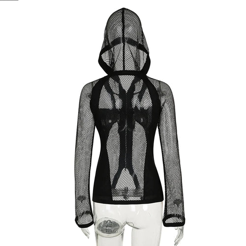 Load image into Gallery viewer, Harajuku Gothic Rivet Fishnet Top Cardigan Zip Up Streetwear Party T shirt for Women Hollow Out Dark Academia Outfits

