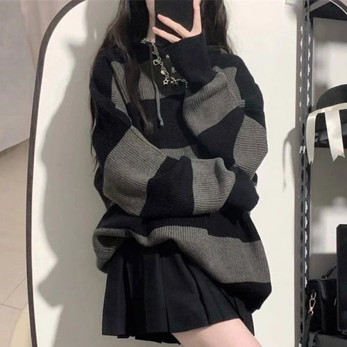 Load image into Gallery viewer, 2025 Vintage Autumn Fashion Black Striped Pullovers Women Knitted Oversized Hooded Sweaters Y2k Aesthetic Loose Grunge Jumpers
