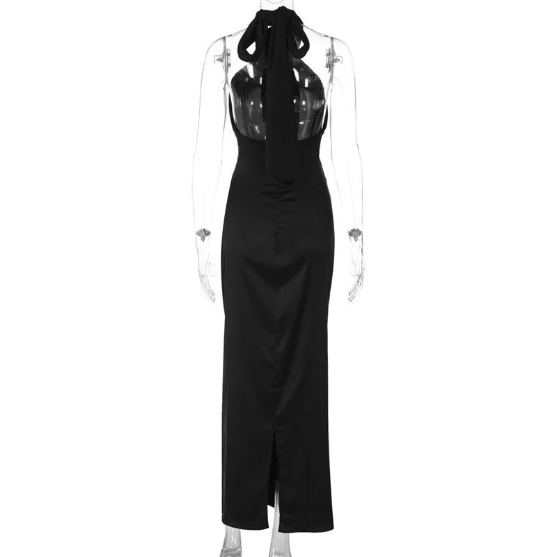 Halter Backless Sexy Maxi Dress For Women Black Satin Hollow Out Sleeveless Strapless Bodycon Club Long Dress Elegant