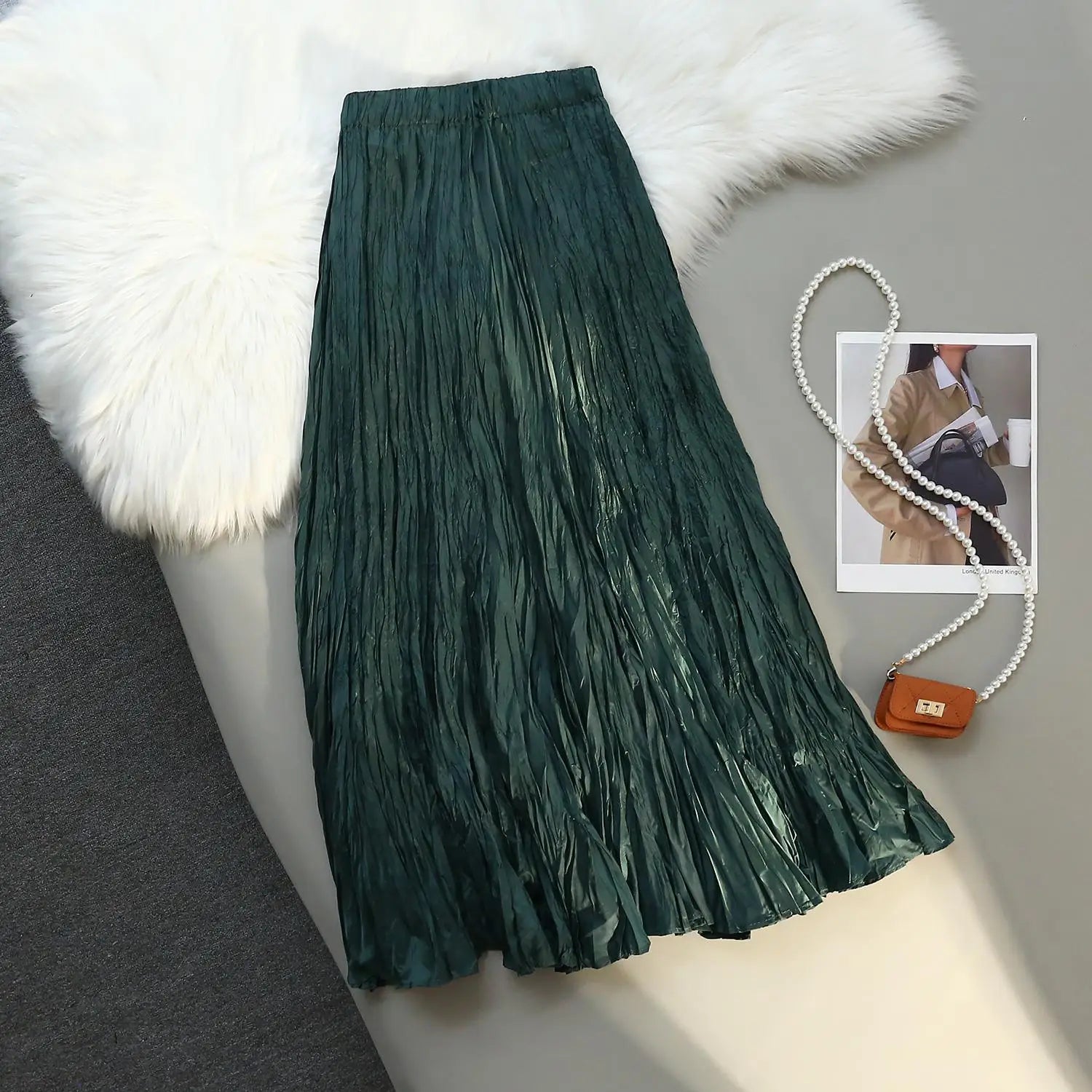 Women Elastic Waist Half Length Skirt Summer Solid Pleated Midi Vintage Sexy Club Skirts Fashion Romantic Simplicity Ladies Boho