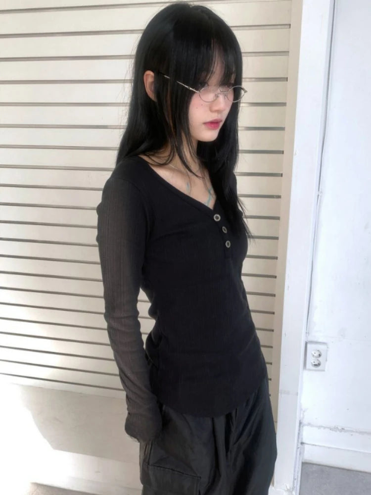 Autumn Y2k Aesthetic Vintage Solid Ribbed Tees Streetwear Half Open Collar Casual Tshirts Women Harajuku Grunge Bottoming Tops