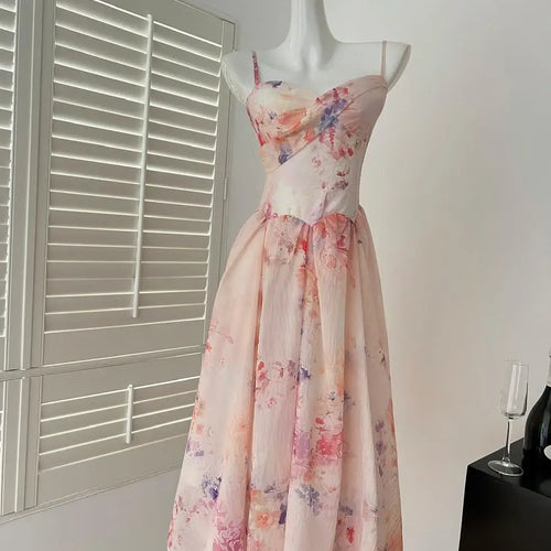 Load image into Gallery viewer, Summer French Blue Pink Flower Slim Backless Slip Long Dress Women Vintage Elegant Sexy Sleeveless High Waist Party Dress Ladies
