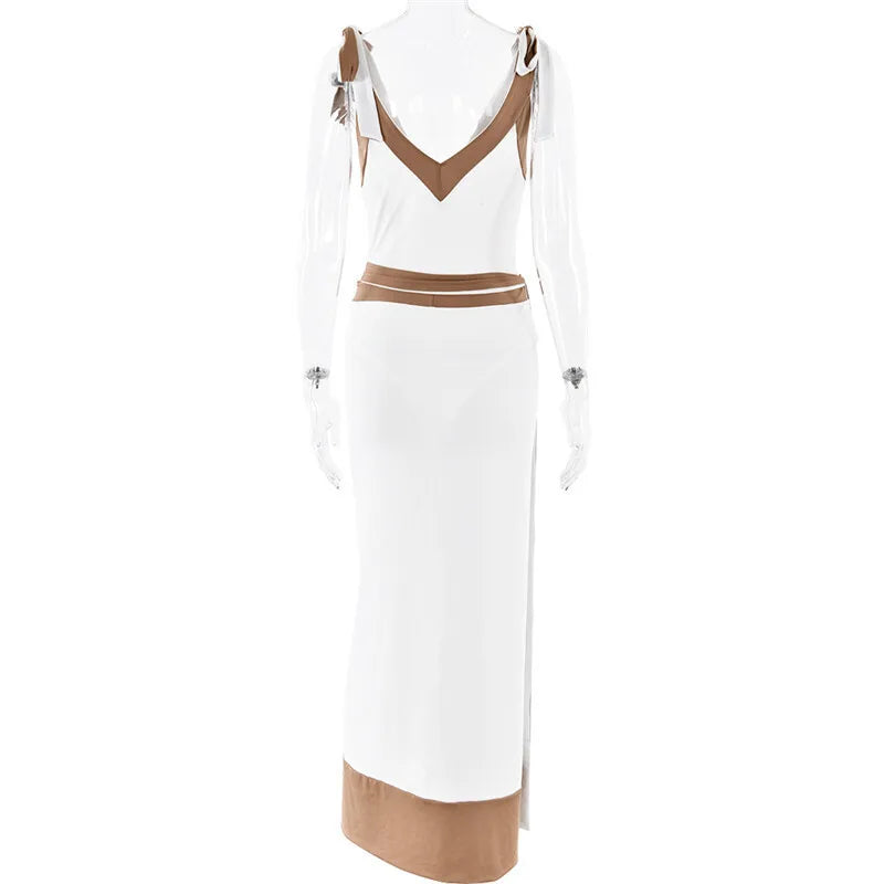 Patchwork Backless Sexy Maxi Dress  Women Fashion Spaghetti Strap V Neck Sleeveless High Split Sexy Long Dress Elegant