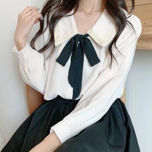 Load image into Gallery viewer, Spring School Student Kawaii Oversized Shirts Women Japanese Harajuku Chiffon Solid Soft Girls Sweet Loose Blouse Top
