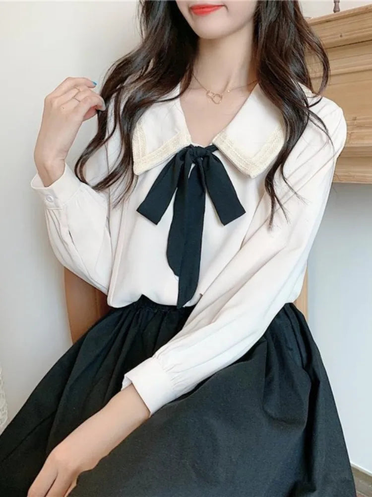 Spring School Student Kawaii Oversized Shirts Women Japanese Harajuku Chiffon Solid Soft Girls Sweet Loose Blouse Top