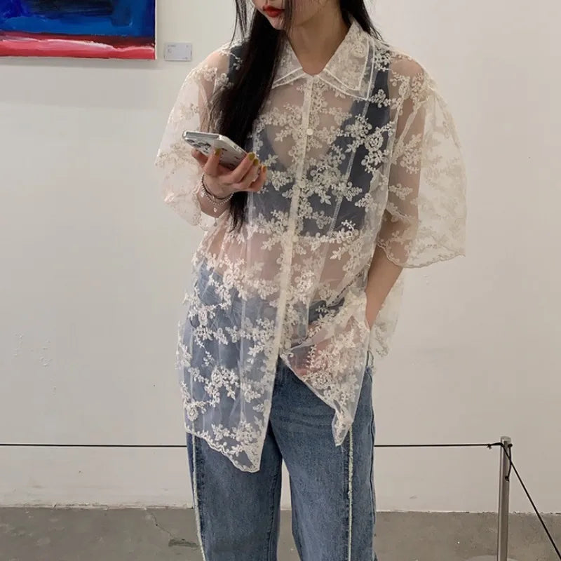 Summer Korean Fashion Lace Shirts Short Sleeve See Through Mesh Blouses Japanese Style Designer Clothes Fairycore Kawaii